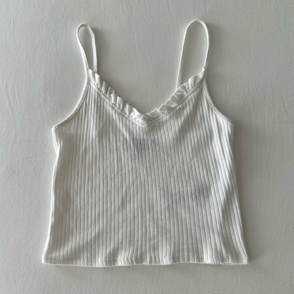 {Topshop} White Ruffle Ribbed Tank Top - Size 0